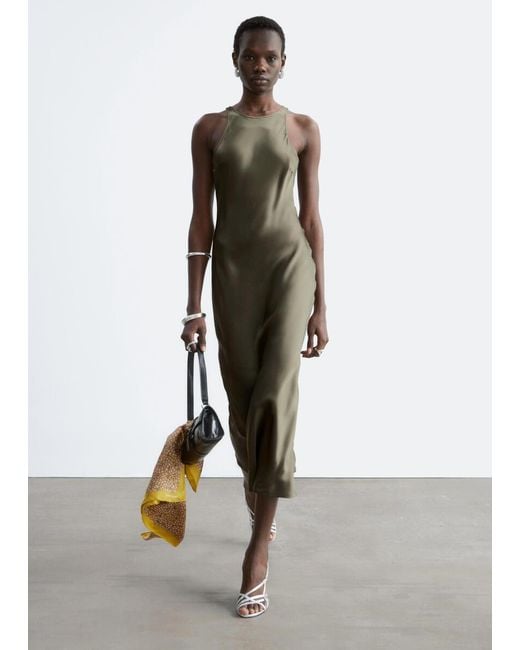 & Other Stories Green Sleeveless Satin Midi Dress