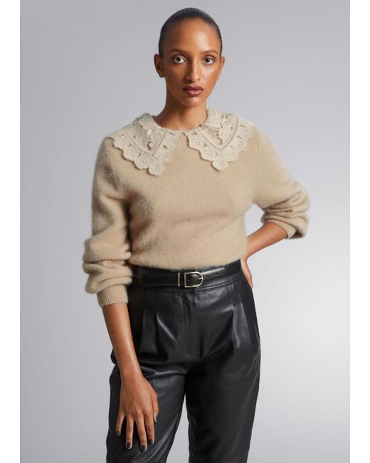 & Other Stories Natural Crochet Collar Knit Sweater