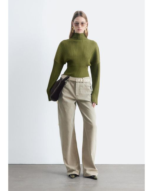 & Other Stories Green Ribbed Mock-Neck Jumper