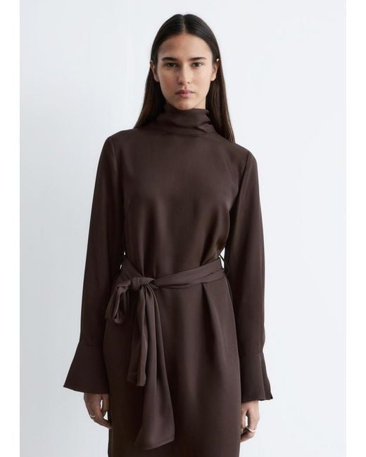 & Other Stories Brown Scarf-Neck Midi Dress