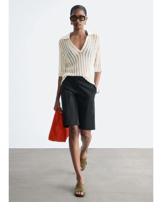 & Other Stories White Open-Knit Polo Top