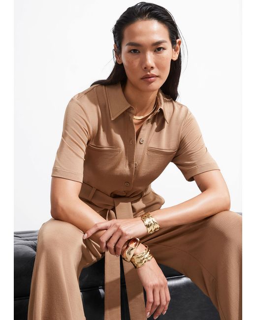 & Other Stories Natural Belted Short Sleeve Jumpsuit