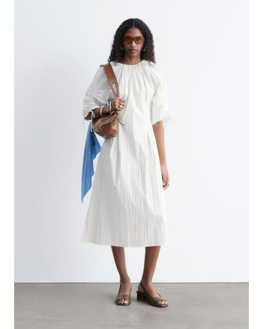 & Other Stories White Sculptural Drawstring Midi Dress