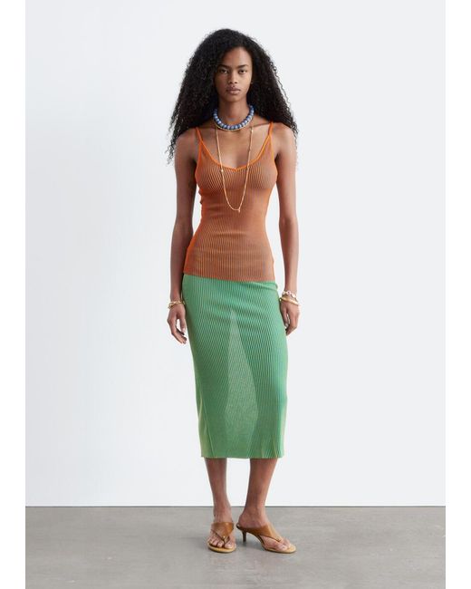& Other Stories Green Rib-Knit Midi Skirt