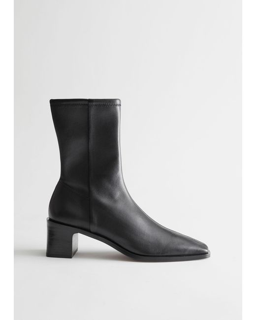 & Other Stories Black Squared Toe Leather Sock Boots