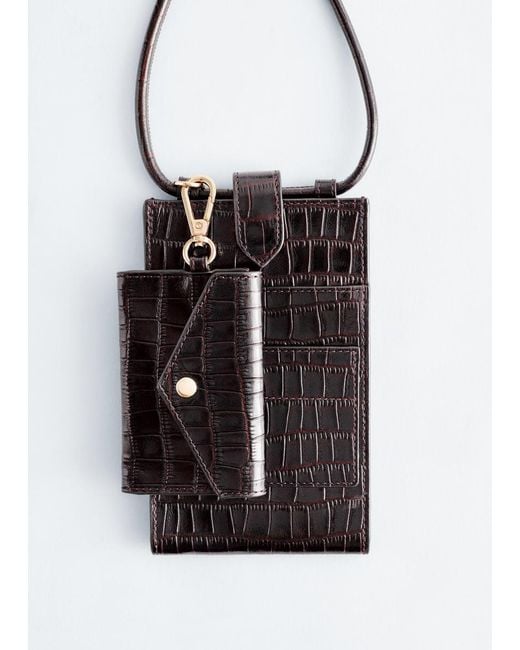 & Other Stories Black Croco Effect Leather Phone Pouch
