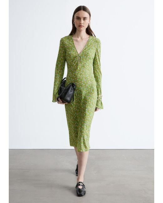 & Other Stories Green Floral V-Neck Midi Dress