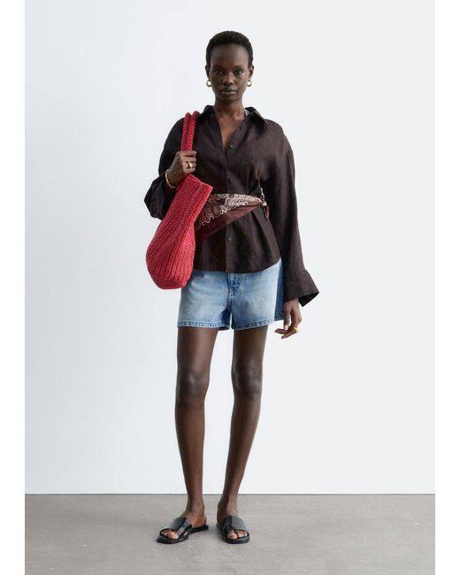 & Other Stories Red Pleated-Waist Linen Shirt
