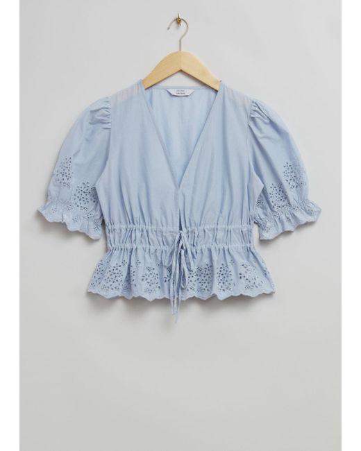& Other Stories Blue Broderie Anglaise Puff Sleeve Blouse