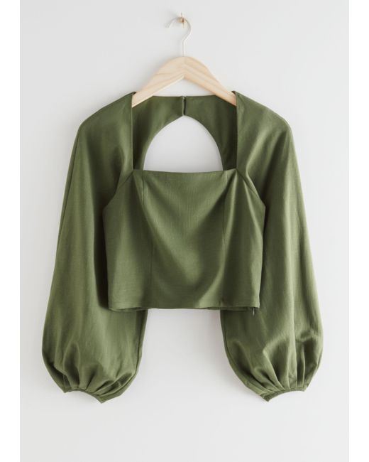 & Other Stories Green Smocked Puff Sleeve Top