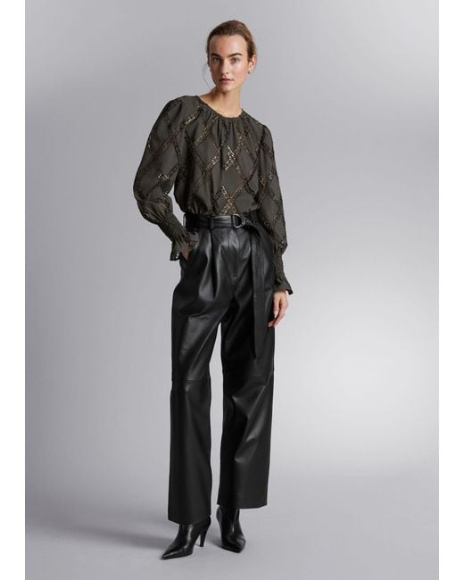 & Other Stories Black Embroidered Frill-cuff Blouse