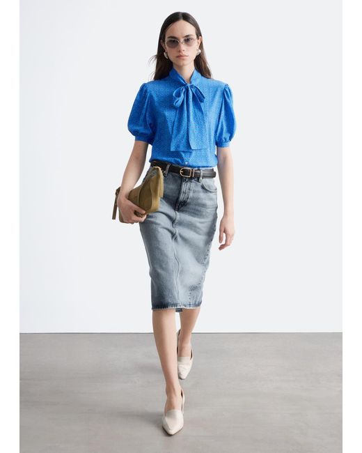 & Other Stories Blue Printed Tie-Neck Silk Blouse
