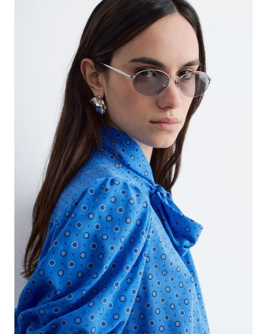 & Other Stories Blue Printed Tie-Neck Silk Blouse