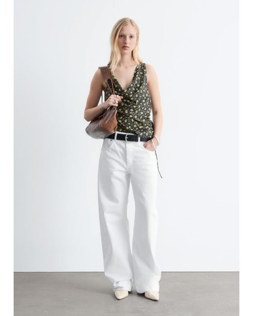 & Other Stories Green Printed Drawstring Silk Top