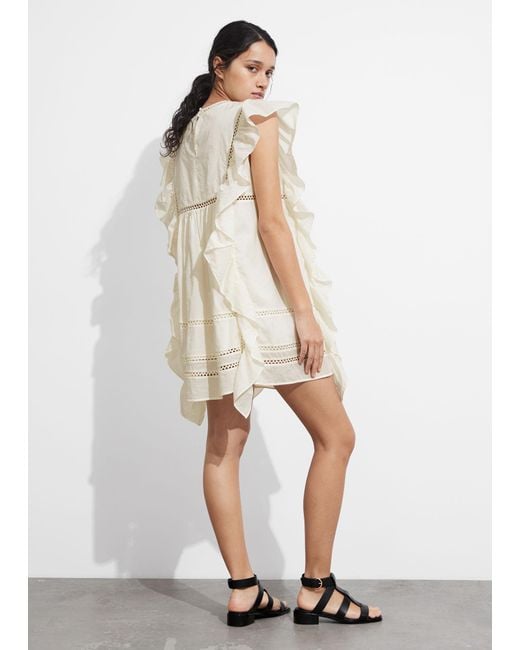 & Other Stories Natural Embroidered Ruffle Mini Dress