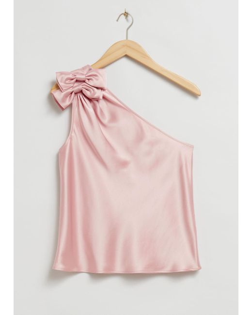 & Other Stories Pink One Shoulder Satin Bow Top