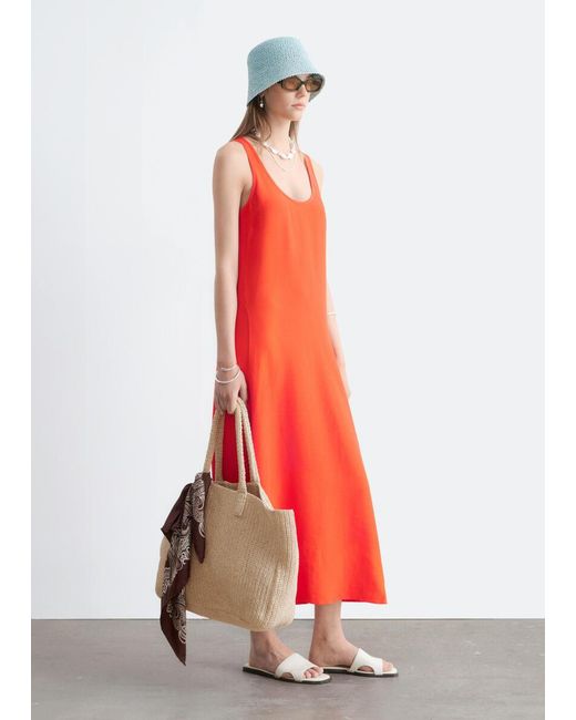 & Other Stories Red Scoop-Neck Midi Dress