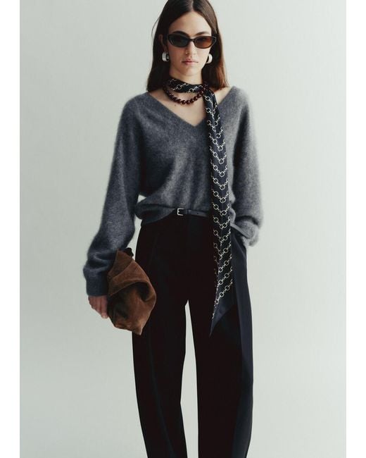 & Other Stories Gray Brushed Cashmere V-Neck Jumper