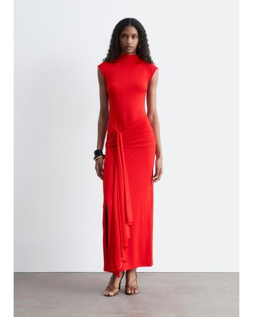 & Other Stories Red Wrap-Front Midi Dress