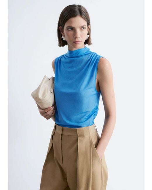& Other Stories Blue Ruched Mock-Neck Top