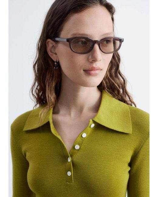& Other Stories Green Rib-Knit Merino Wool Polo Top