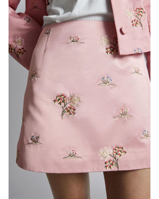 & Other Stories Pink Floral Embroidery Satin Mini Skirt