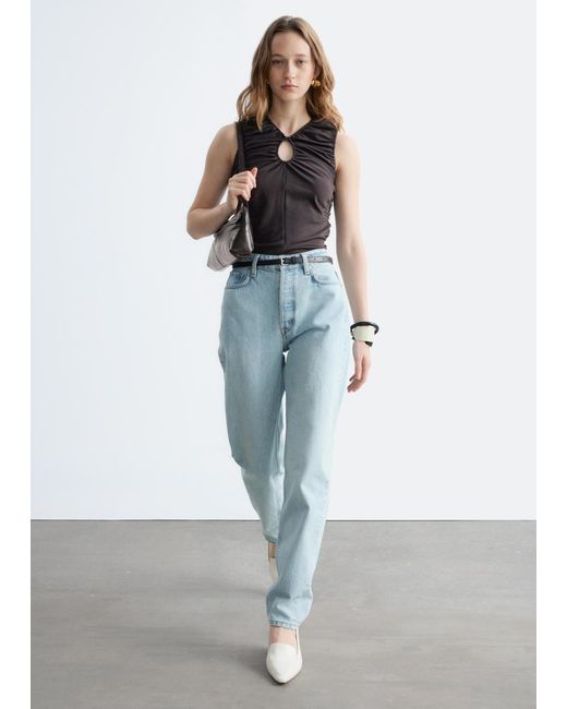 & Other Stories Black Ruched Keyhole-Neck Top