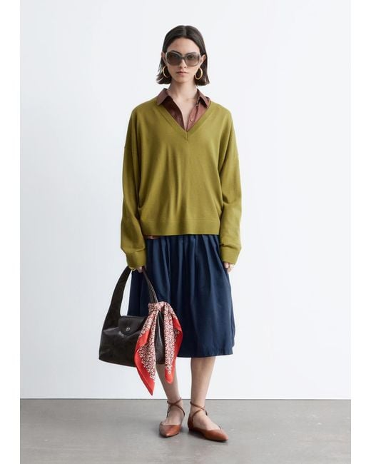 & Other Stories Green V-Neck Merino Wool Jumper
