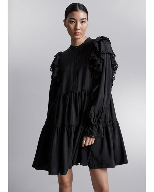 & Other Stories Black Frilled Mini Dress