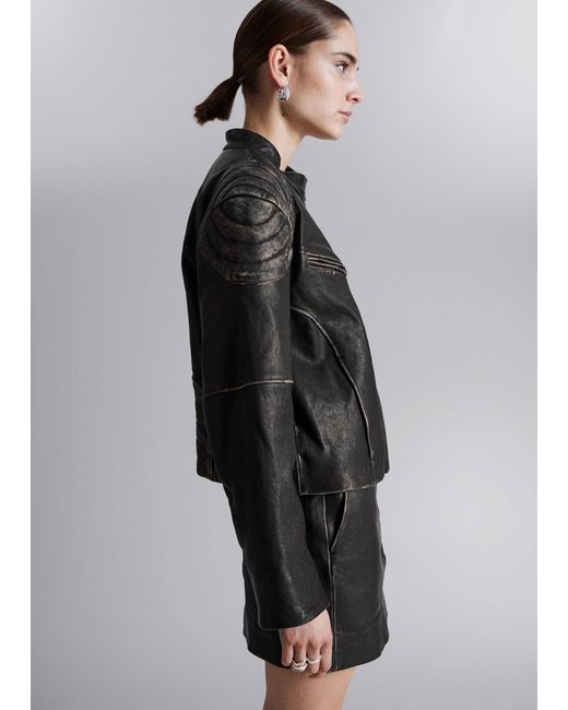 & Other Stories Black Topstitched Leather Jacket