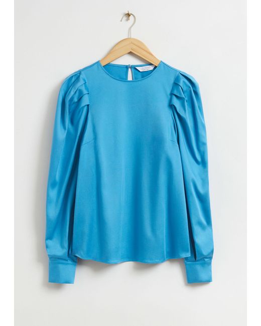 & Other Stories Blue Pleated Sleeve Satin Blouse