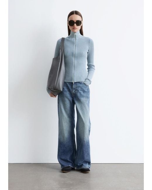 & Other Stories Blue Zip-Up Turtleneck Cardigan