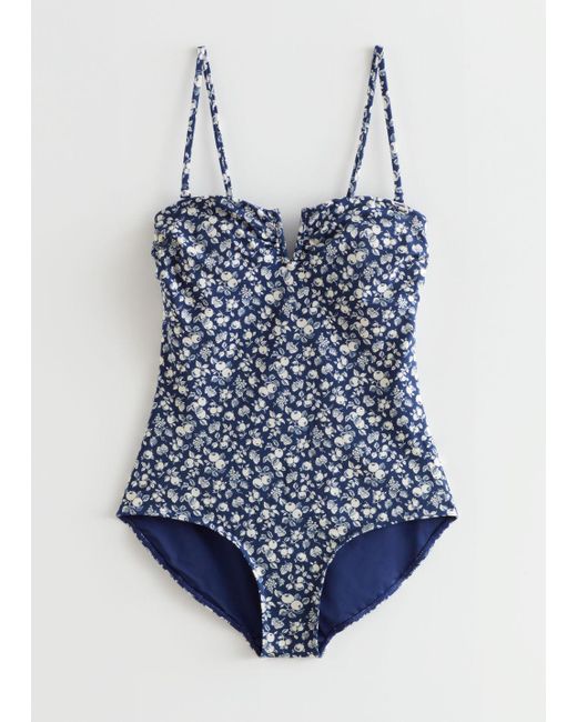 & Other Stories Blue Printed Sweetheart Neck Swimsuit
