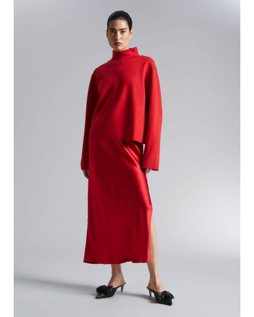 & Other Stories Red Satin Midi Skirt