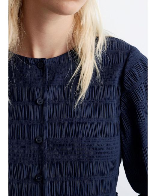 & Other Stories Blue Smocked Balloon-Sleeve Mini Dress
