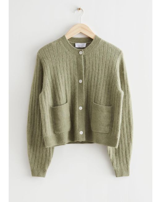 & Other Stories Green Patch Pocket Rib Knit Cardigan