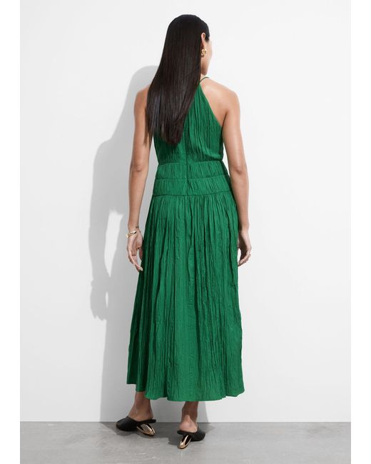 & Other Stories Green Shirred Sleeveless Midi Dress