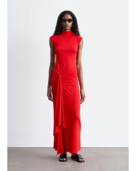 & Other Stories Red Wrap-Front Midi Dress