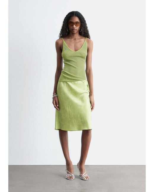 & Other Stories Green Satin Knee-Length Slip Skirt
