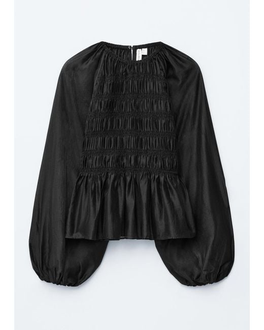 & Other Stories Black Balloon-Sleeve Smocked Blouse