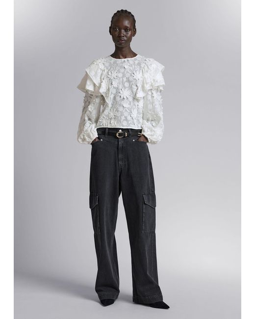 & Other Stories Gray Embroidered Ruffle Blouse