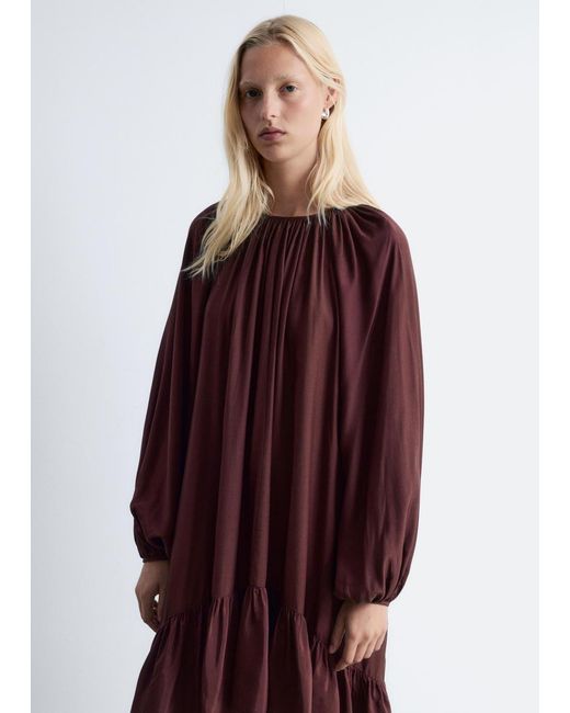 & Other Stories Red Flounced Balloon-Sleeve Mini Dress