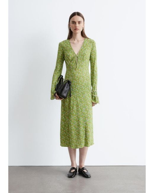 & Other Stories Green Floral V-Neck Midi Dress