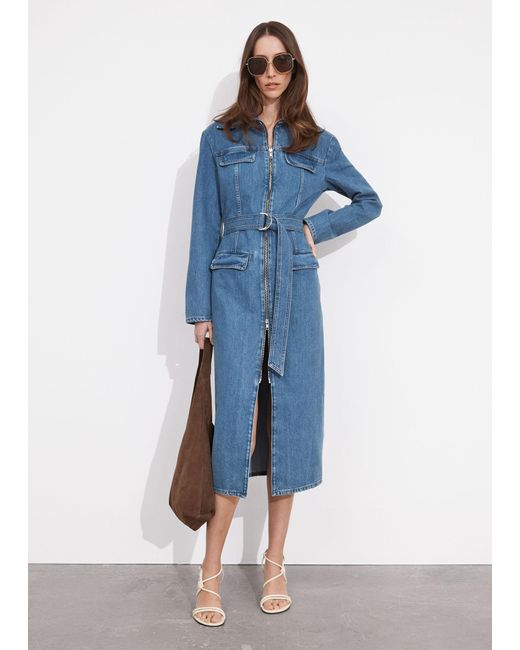 & Other Stories Blue Belted Utility Midi Dress