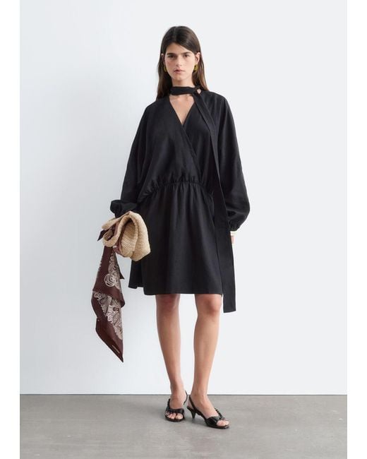 & Other Stories Black Scarf-Detail Wrap Mini Dress