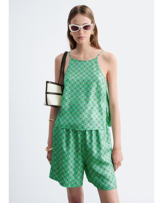 & Other Stories Green Silk Drawstring Shorts