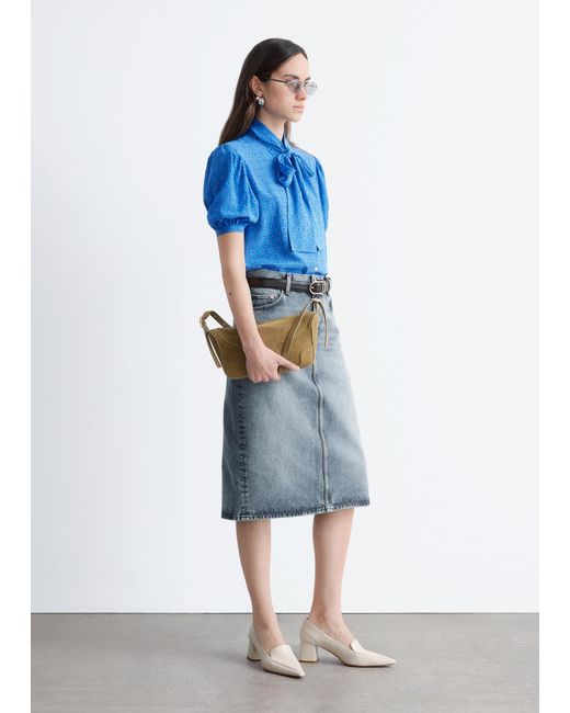 & Other Stories Blue Printed Tie-Neck Silk Blouse