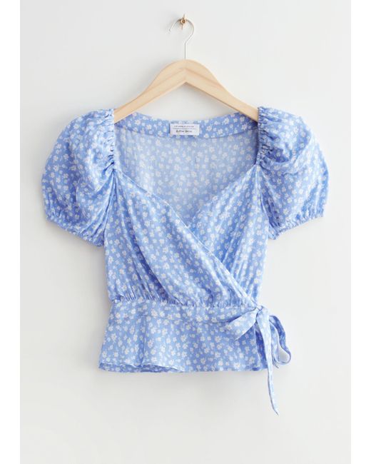 & Other Stories Blue Puff Sleeve Wrap Blouse