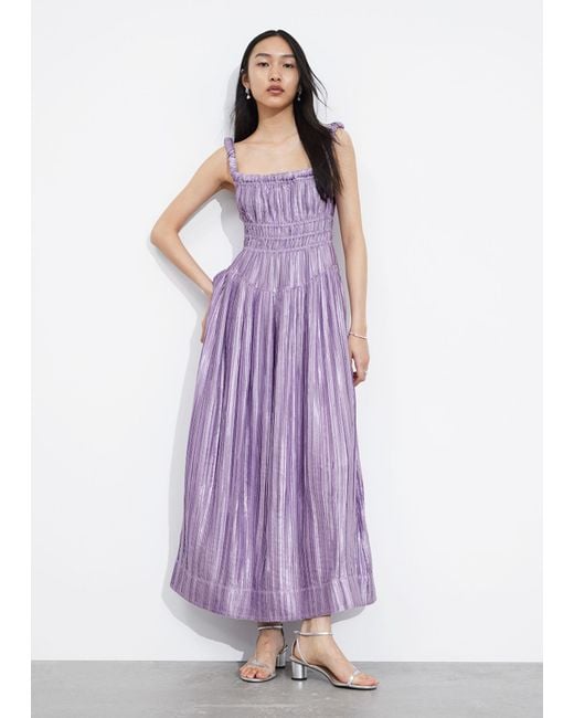 & Other Stories Purple Shirred Satin Midi Dress