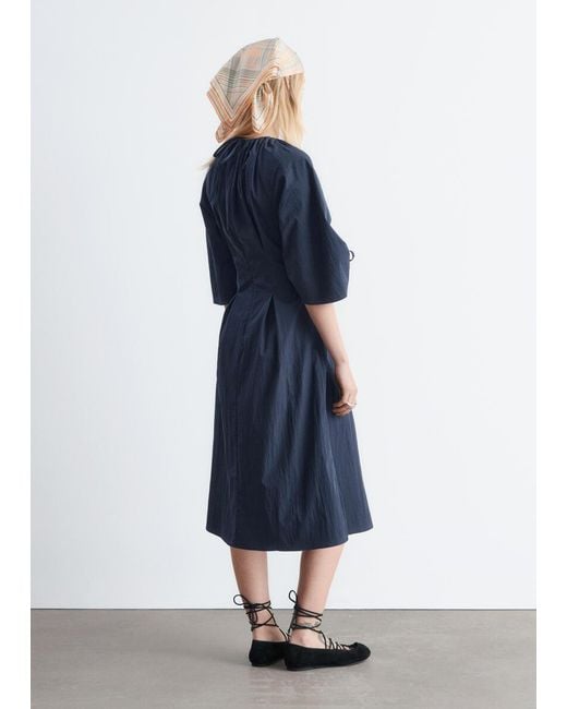 & Other Stories Blue Sculptural Drawstring Midi Dress